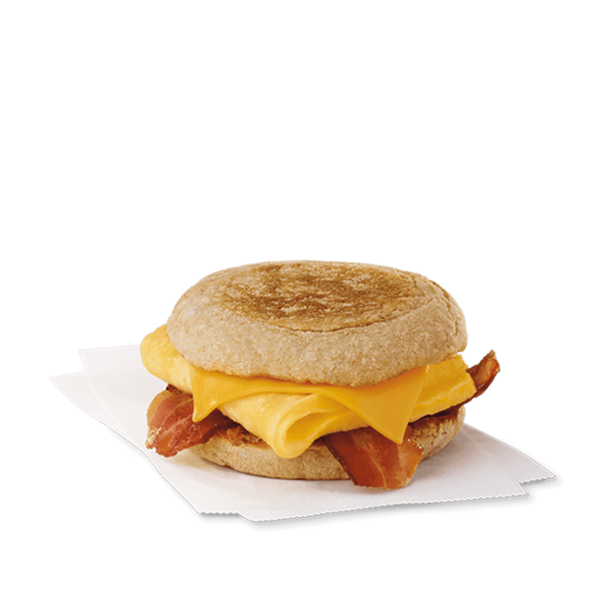 A breakfast sandwich with bacon and cheese on a napkin.
