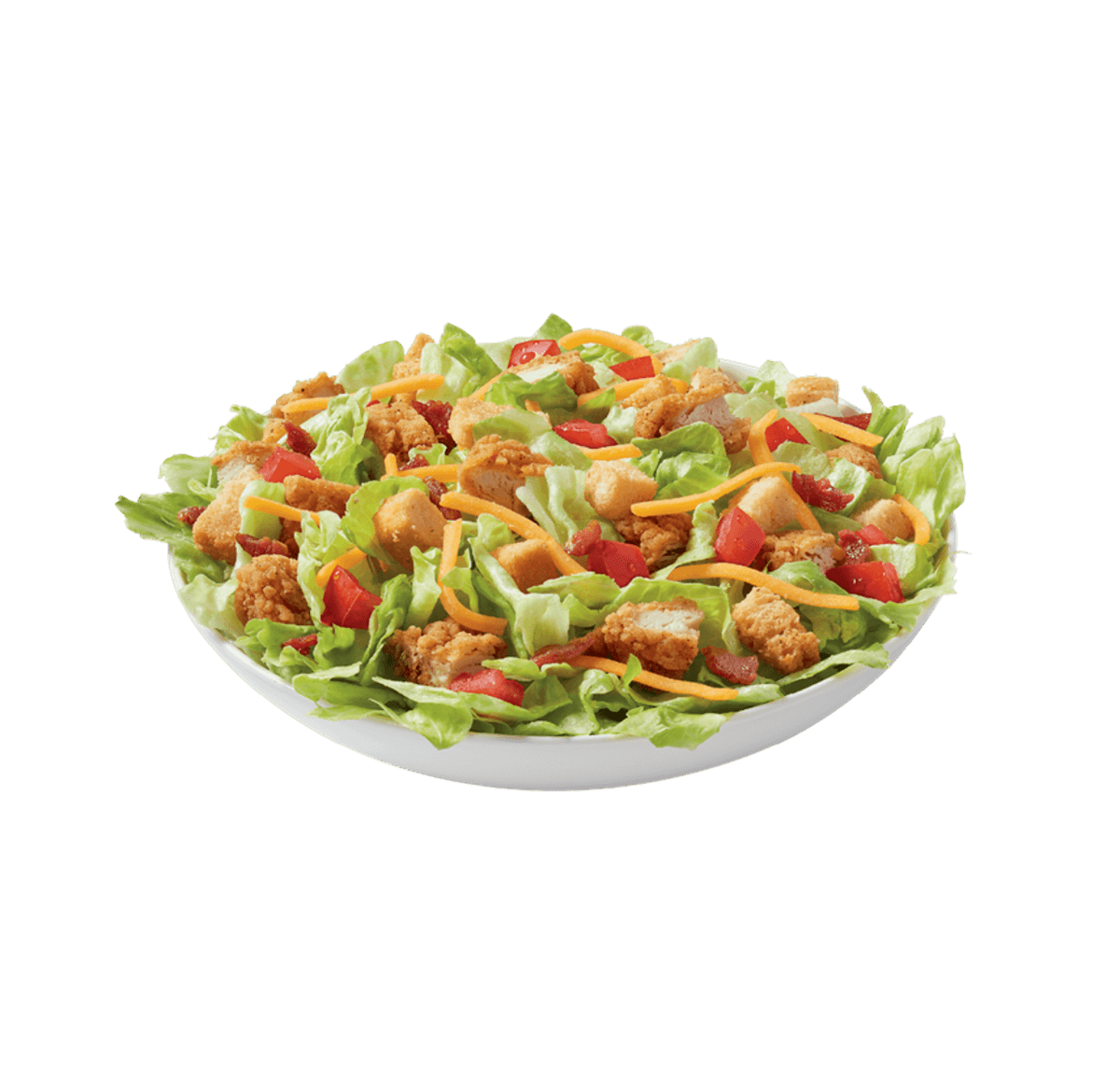 A bowl of chicken salad on a white background.