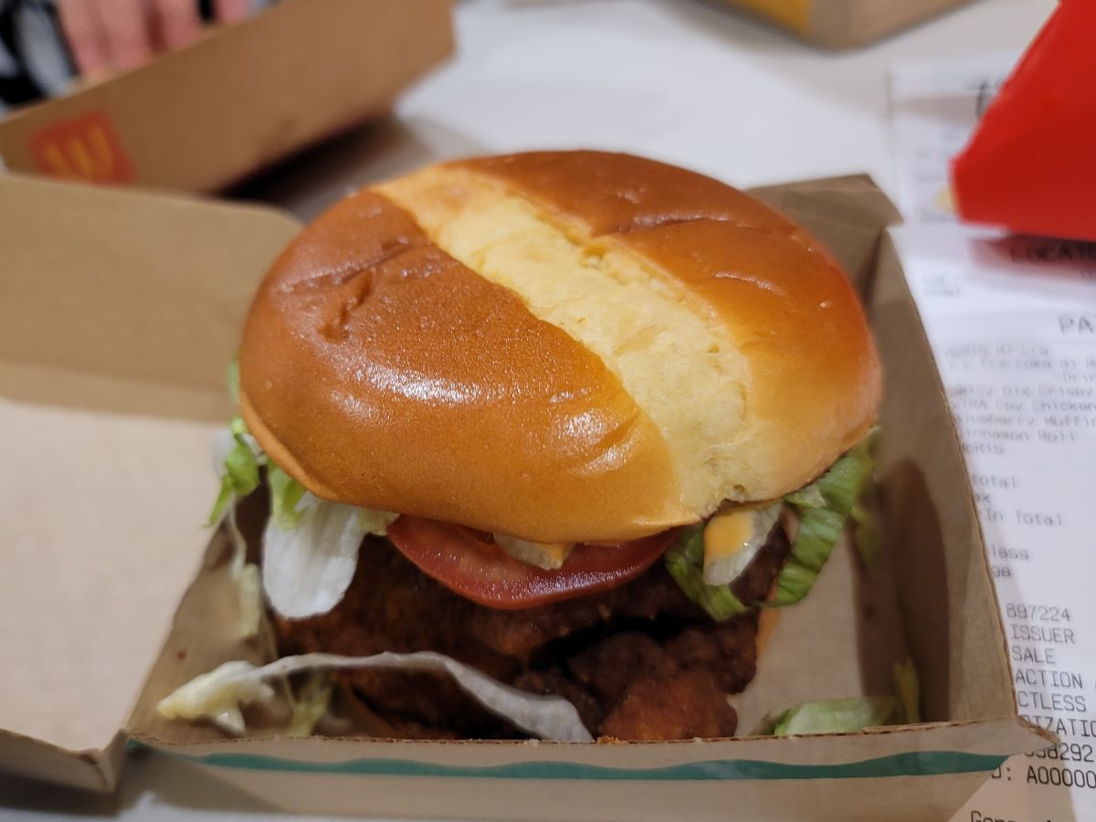 A McDonald's chicken burger in a cardboard box, reviewed.