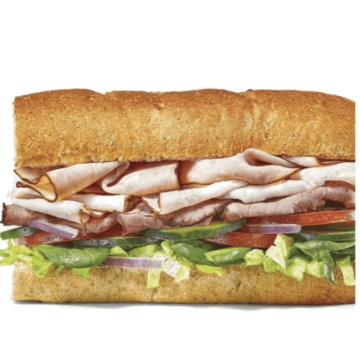 A turkey sub sandwich is shown on a white background.