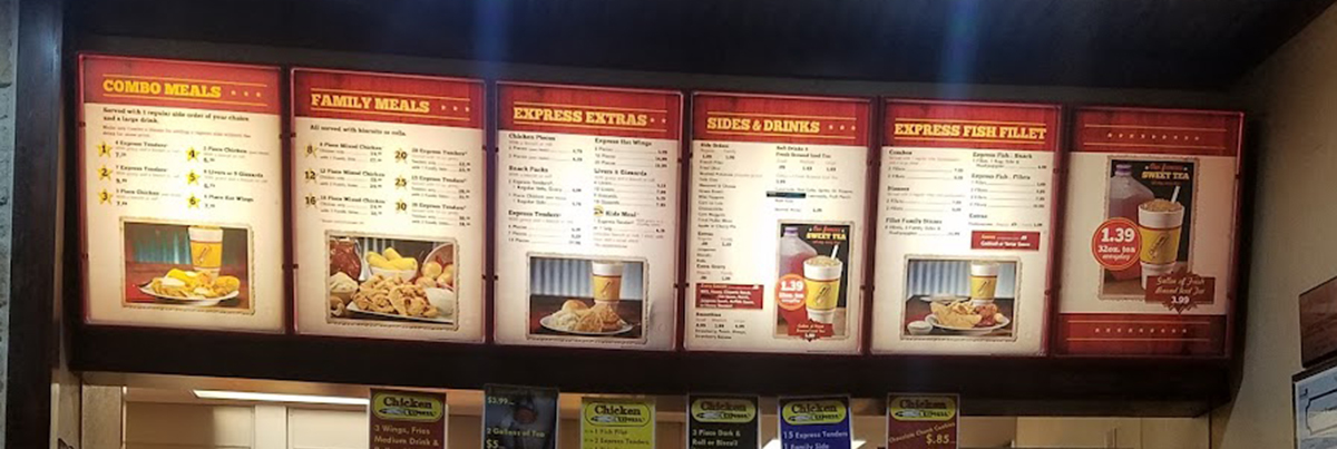 A menu board with Chicken Express prices for a fast food restaurant.