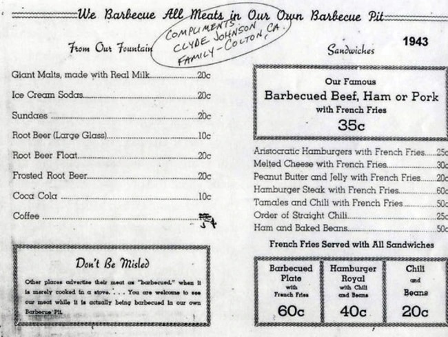 A 1943 barbecue menu from Clyde Johnson in Family-Cotton, CA, featuring sandwiches, hamburgers, drinks, and various meat plates with prices.