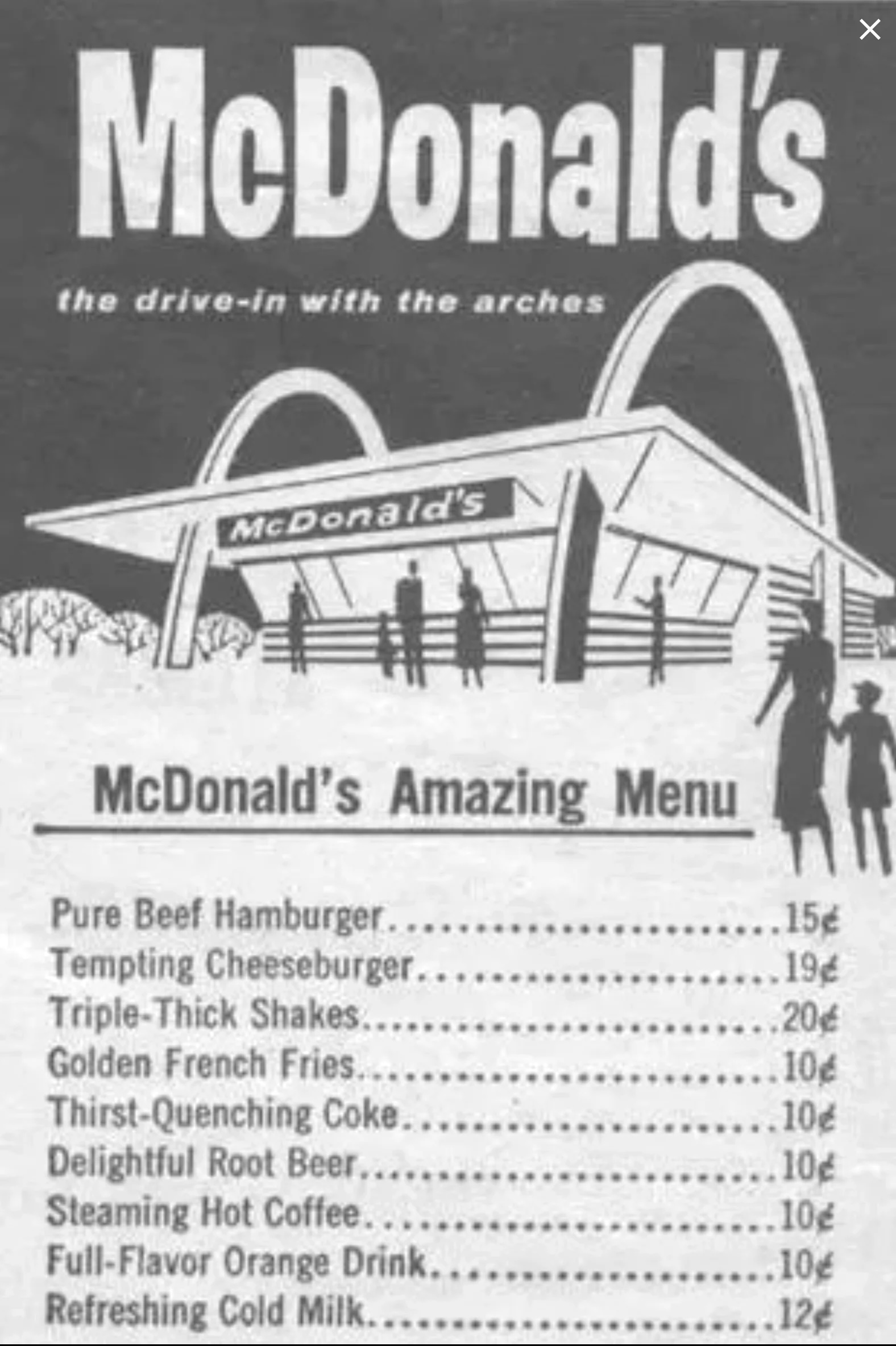 Vintage McDonald's menu featuring items like hamburgers, cheeseburgers, milkshakes, fries, and drinks with prices ranging from 10¢ to 25¢.